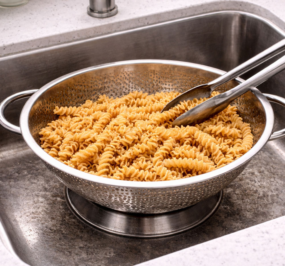 Pasta draining in colander with tongs, kitchen sink