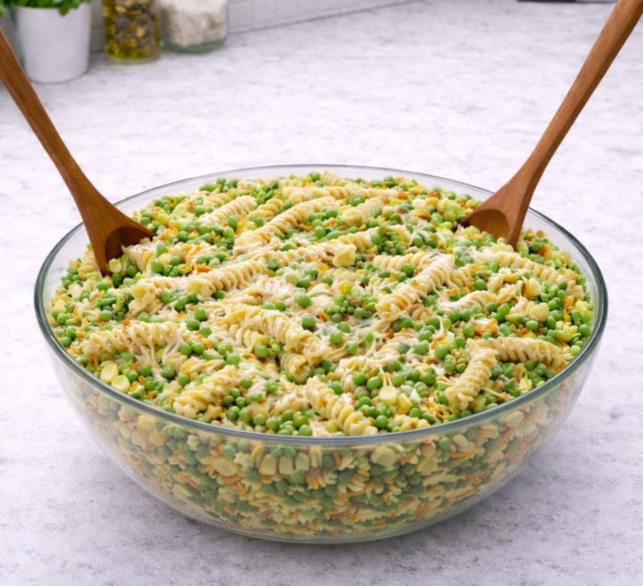 Rotini pasta salad with peas and corn in bowl