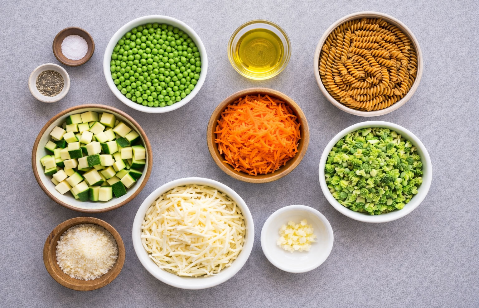 Assorted vegetables and pasta ingredients in separate bowls
