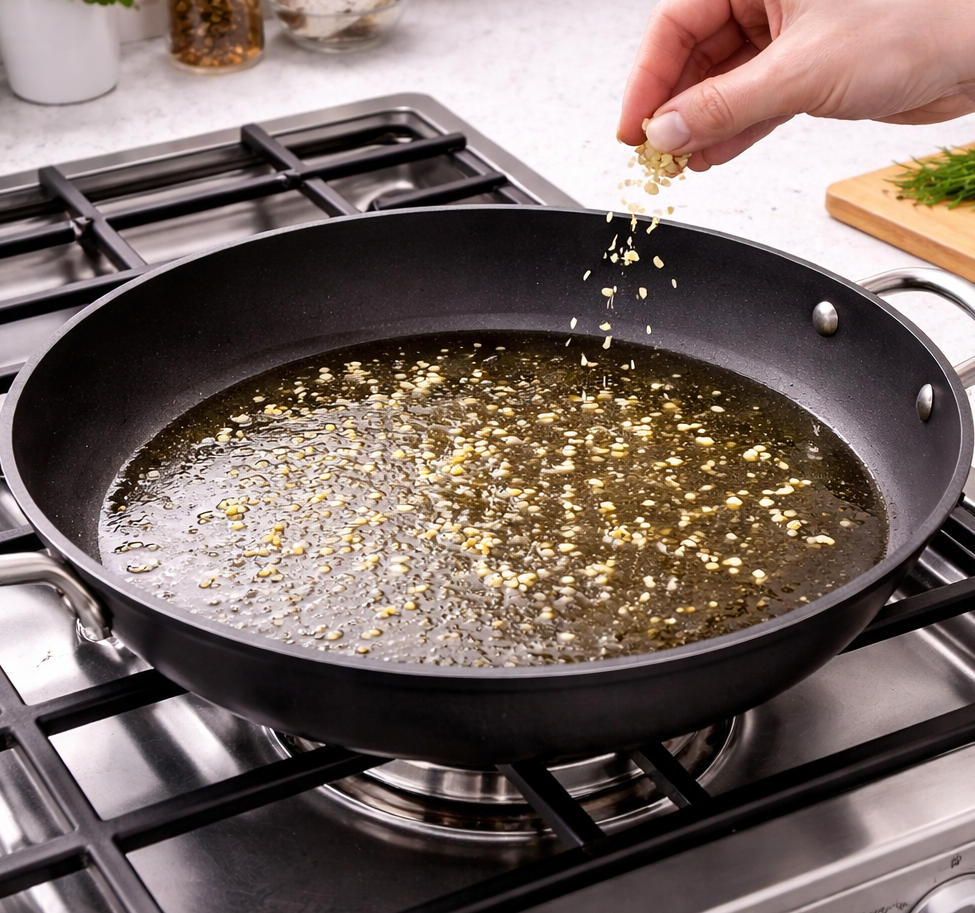 Hand sprinkling seeds into oil-filled frying pan