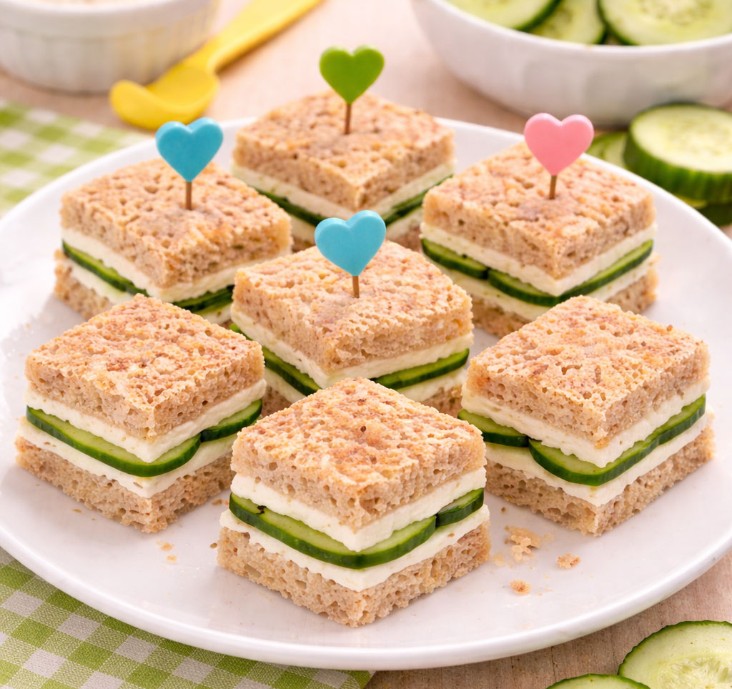 Cucumber sandwiches with heart-shaped toothpicks on plate