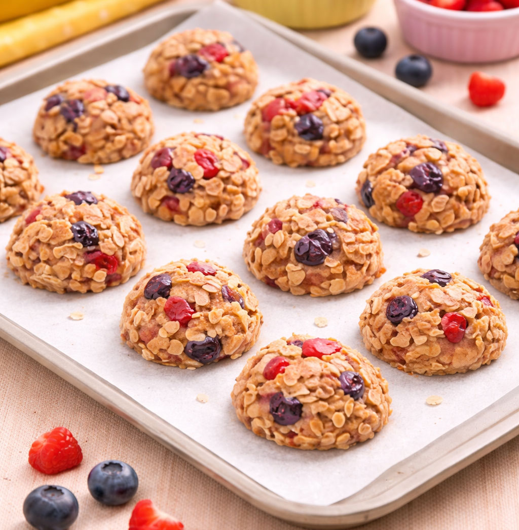Baked oatmeal cookies with colorful berries on tray