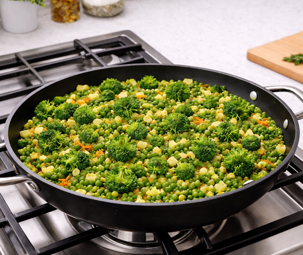 Broccoli and peas cooking in large pan on stove
