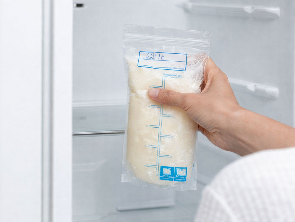 Hand placing frozen milk bag in freezer