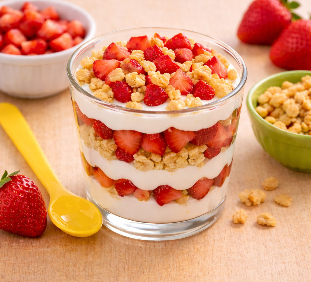 Glass filled with yogurt, strawberries, and granola layers