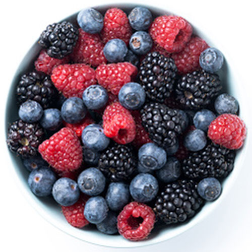 Bowl of fresh mixed berries on display.