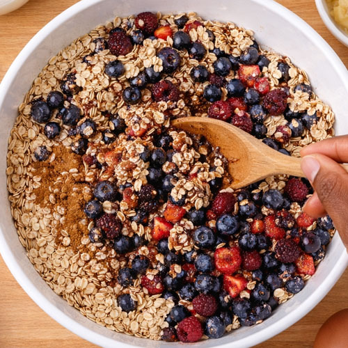 Mixing berries and oats with a wooden spoon.