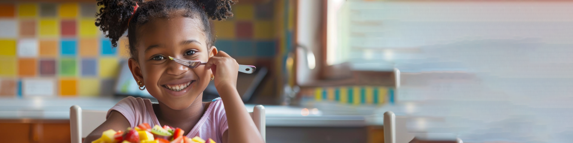 Girl Enjoying Fruit Bowl in Kitchen